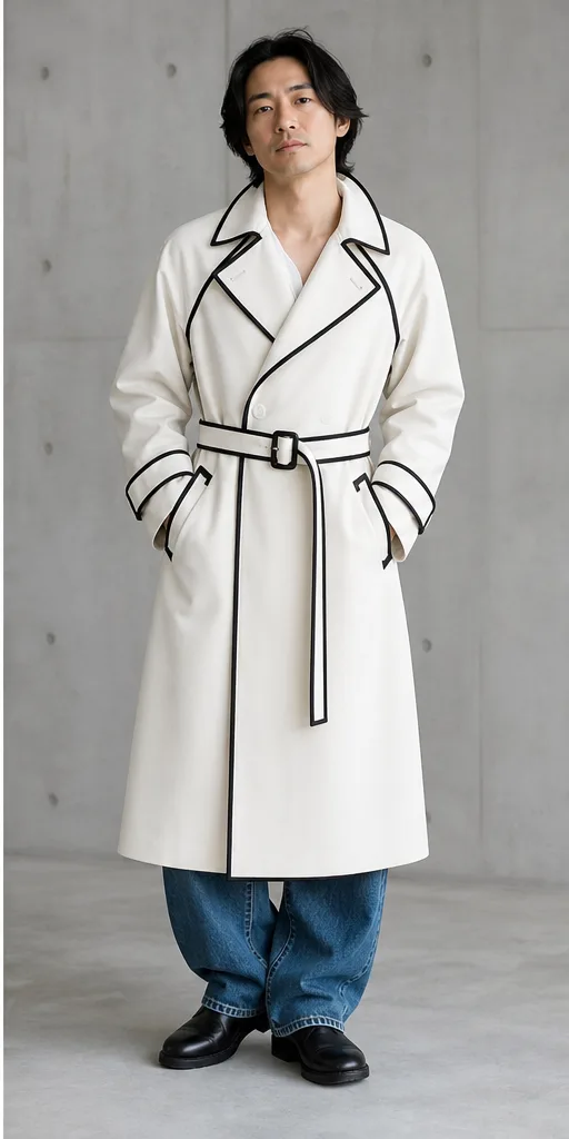 On-model product photo of ivory architectural trench coat with crisp black piping