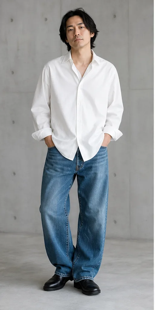 On-model base shot: an adult East Asian man in a white shirt and relaxed jeans in a concrete studio