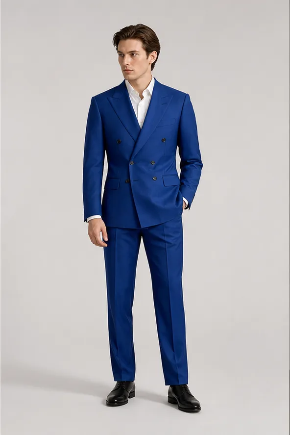 Garment to photograph: cobalt tailored double-breasted suit with a clean white shirt