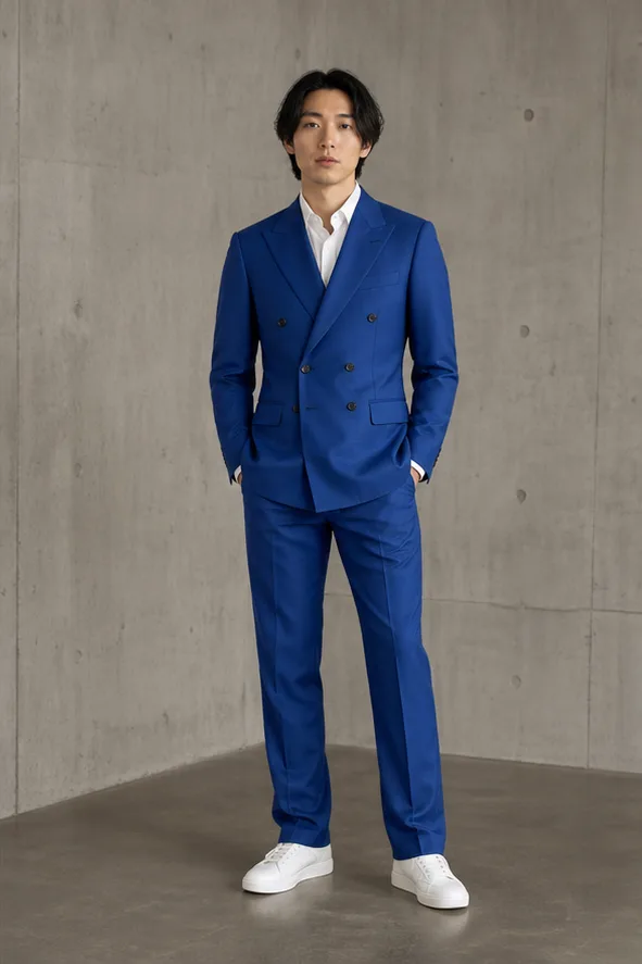 On-model product photo of cobalt tailored double-breasted suit with a clean white shirt