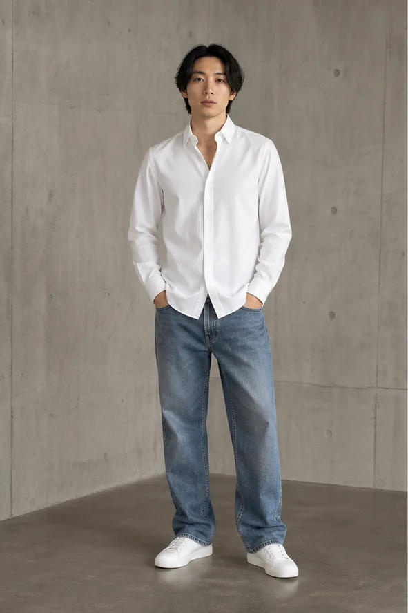 On-model base shot: an adult East Asian man in a white shirt and relaxed jeans in a concrete studio