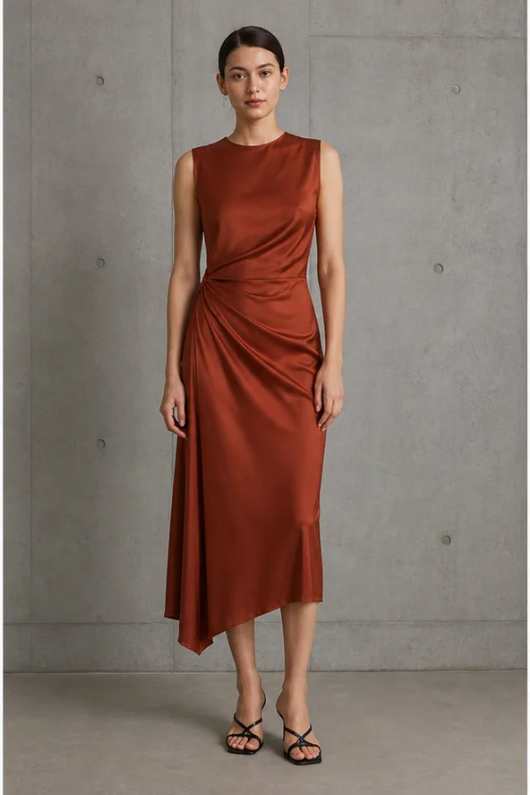 Garment to photograph: rust silk midi dress with asymmetric draping and subtle sheen