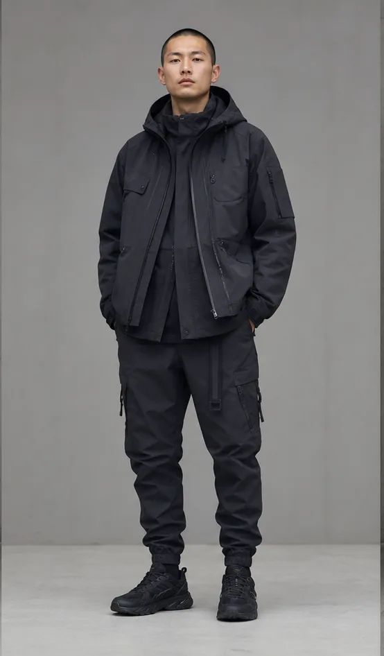 Garment to photograph: charcoal technical streetwear set with a layered jacket and tapered trousers