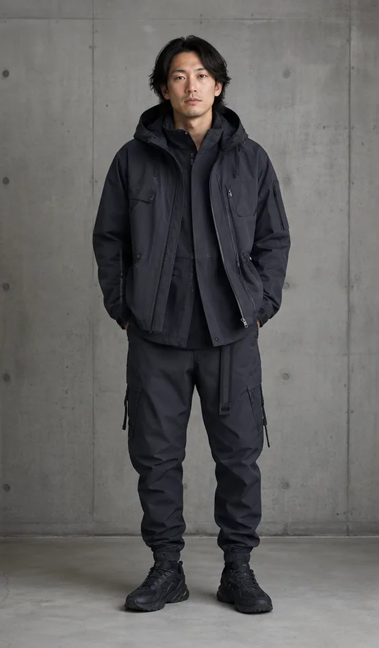 On-model product photo of charcoal technical streetwear set with a layered jacket and tapered trousers