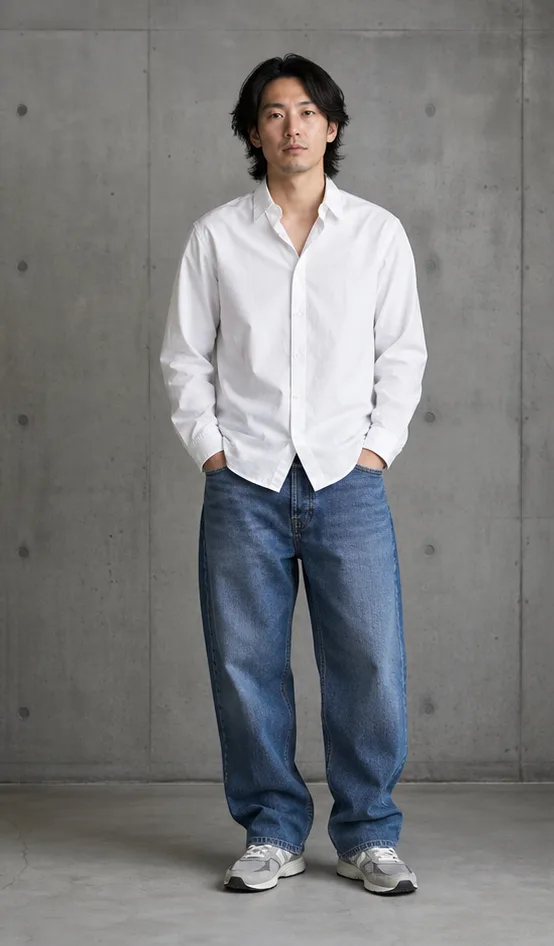 On-model base shot: an adult East Asian man in a white shirt and relaxed jeans in a concrete studio