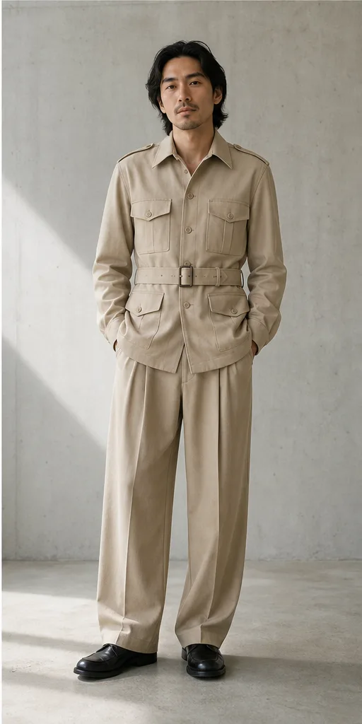 On-model product photo of sand safari jacket with matching pleated wide-leg trousers