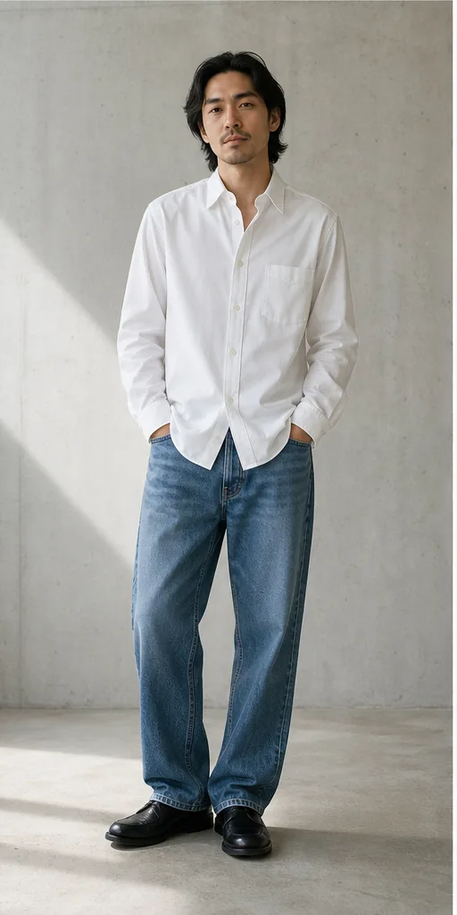 On-model base shot: an adult East Asian man in a white shirt and relaxed jeans in a concrete studio