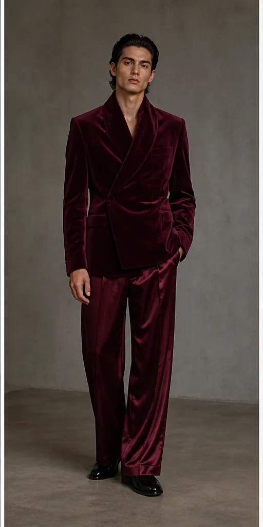 Garment to photograph: deep burgundy evening ensemble with a velvet blazer and satin trousers