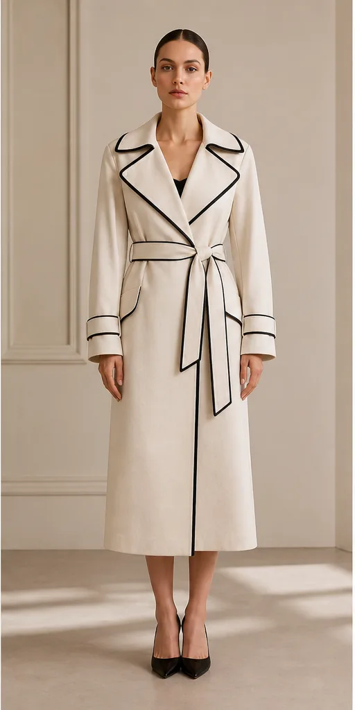 Garment to photograph: ivory architectural trench coat with crisp black piping
