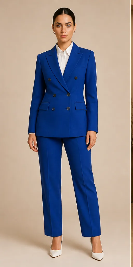 Garment to photograph: cobalt tailored double-breasted suit with a clean white shirt