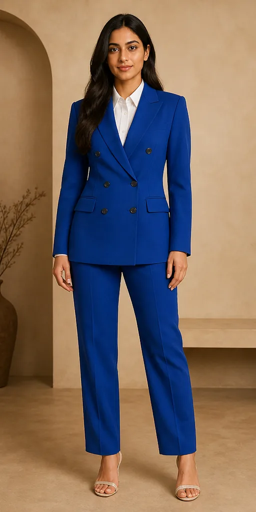 On-model product photo of cobalt tailored double-breasted suit with a clean white shirt