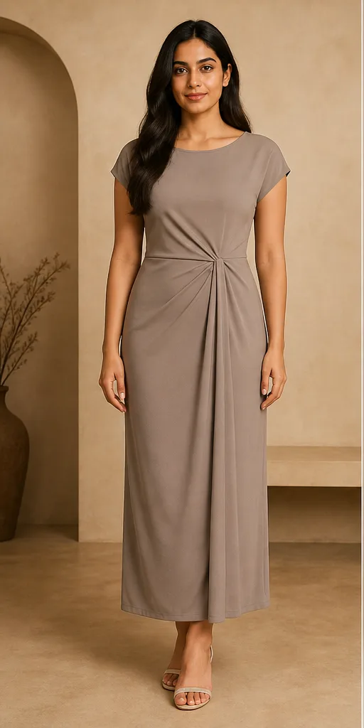 On-model base shot: an adult South Asian woman in a plain taupe dress in a warm editorial studio