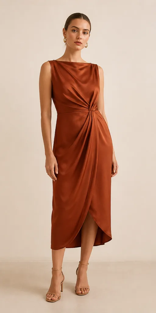 Garment to photograph: rust silk midi dress with asymmetric draping and subtle sheen