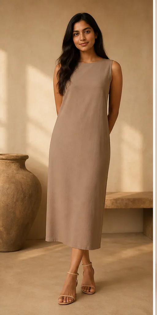 On-model base shot: an adult South Asian woman in a plain taupe dress in a warm editorial studio