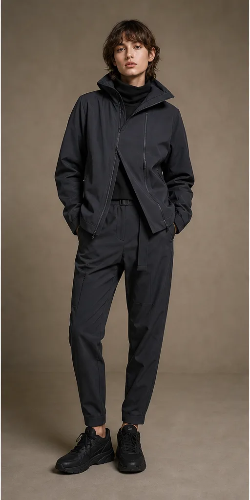 Garment to photograph: charcoal technical streetwear set with a layered jacket and tapered trousers