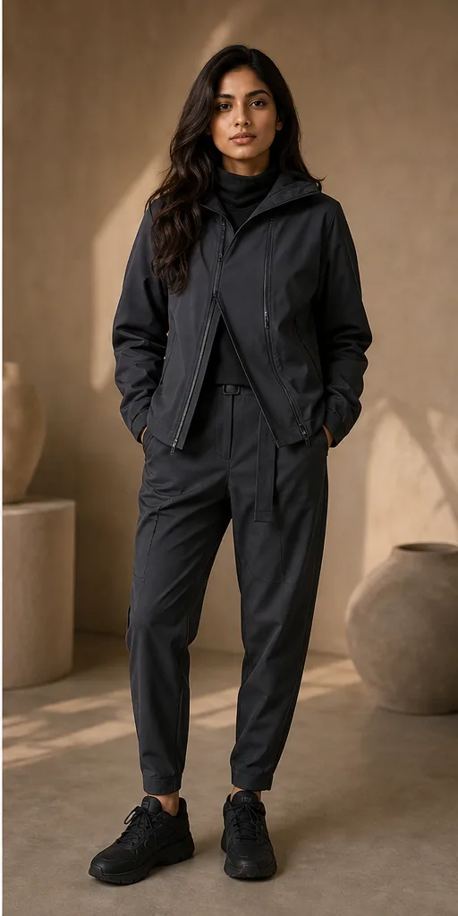 On-model product photo of charcoal technical streetwear set with a layered jacket and tapered trousers