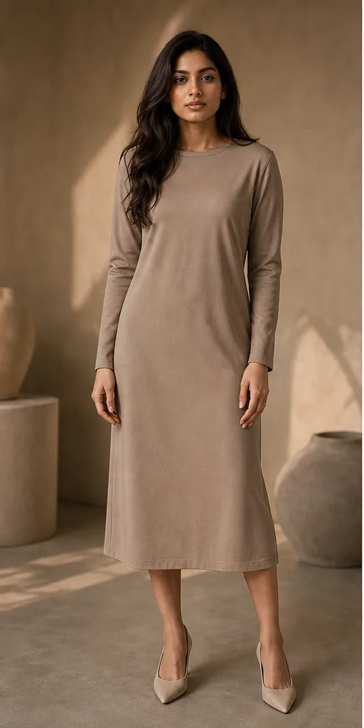 On-model base shot: an adult South Asian woman in a plain taupe dress in a warm editorial studio