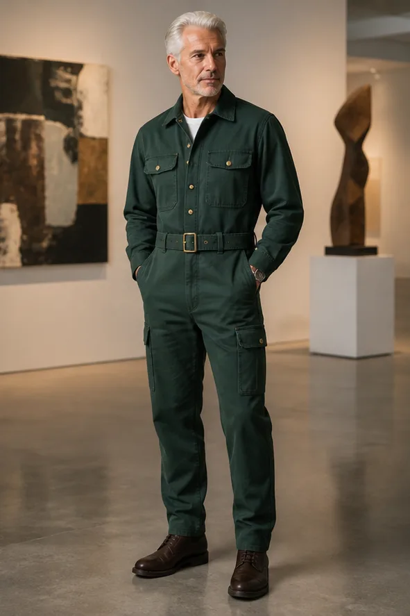 On-model product photo of forest-green utility jumpsuit with brass hardware and a belted waist