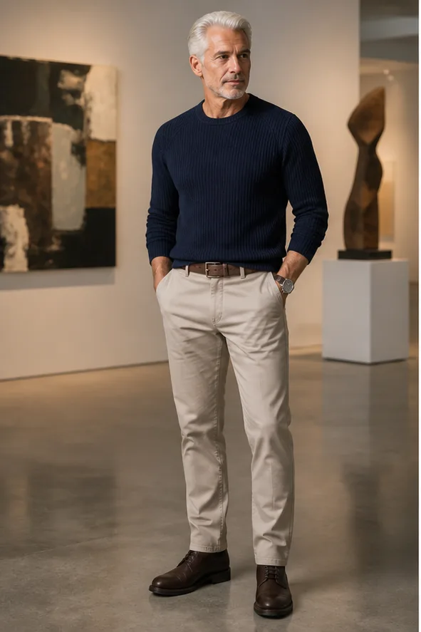 On-model base shot: an older adult man in a navy knit and neutral trousers in a gallery studio
