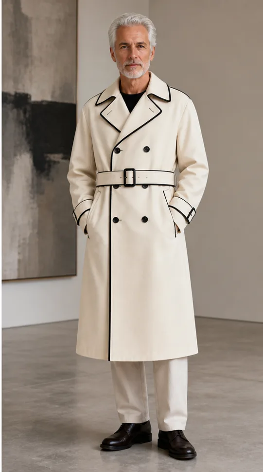 On-model product photo of ivory architectural trench coat with crisp black piping