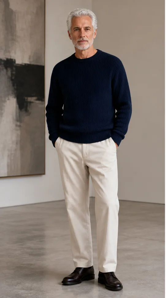 On-model base shot: an older adult man in a navy knit and neutral trousers in a gallery studio