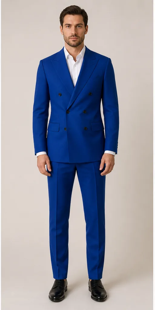 Garment to photograph: cobalt tailored double-breasted suit with a clean white shirt