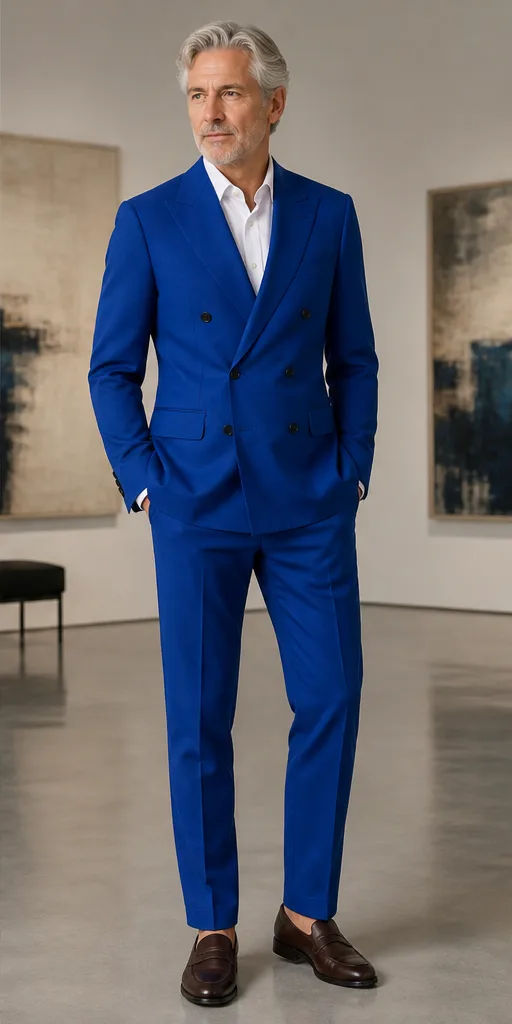 On-model product photo of cobalt tailored double-breasted suit with a clean white shirt