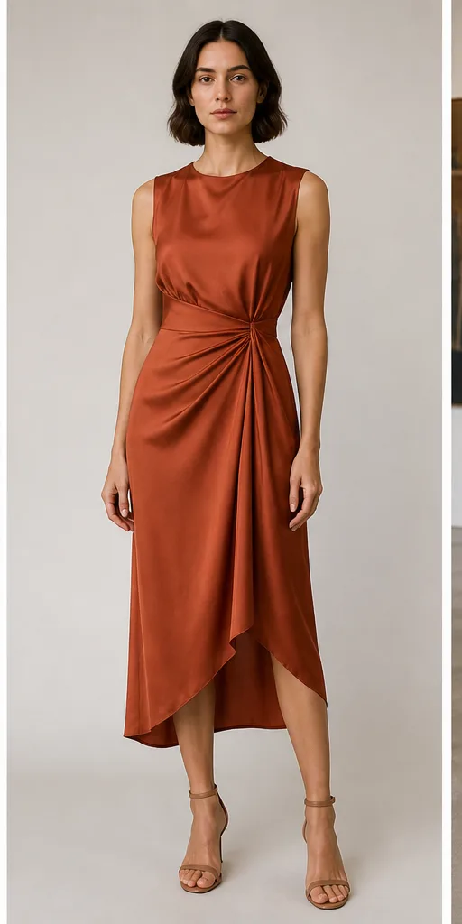 Garment to photograph: rust silk midi dress with asymmetric draping and subtle sheen