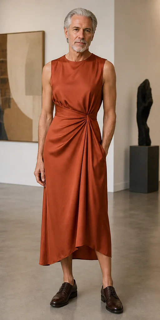On-model product photo of rust silk midi dress with asymmetric draping and subtle sheen