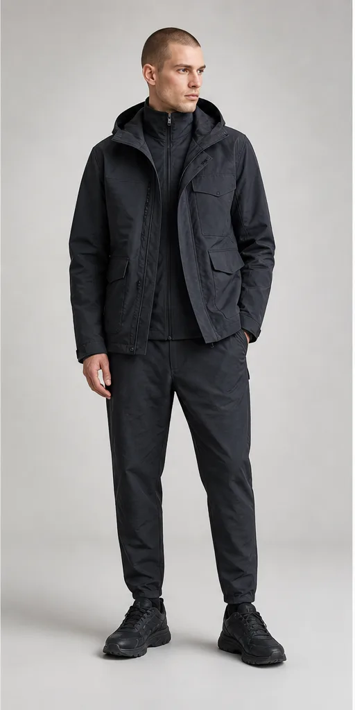 Garment to photograph: charcoal technical streetwear set with a layered jacket and tapered trousers