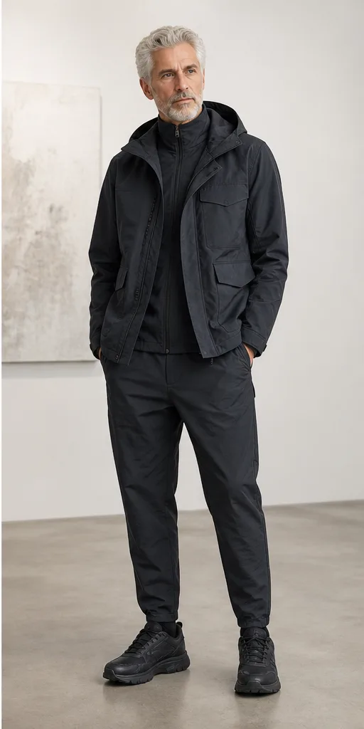 On-model product photo of charcoal technical streetwear set with a layered jacket and tapered trousers