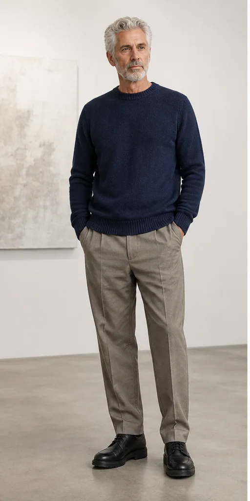 On-model base shot: an older adult man in a navy knit and neutral trousers in a gallery studio