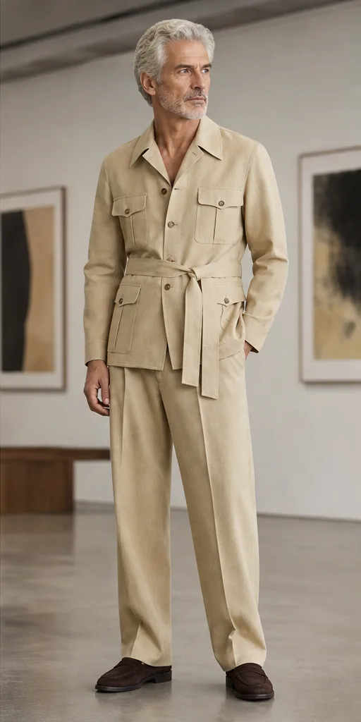 On-model product photo of sand safari jacket with matching pleated wide-leg trousers