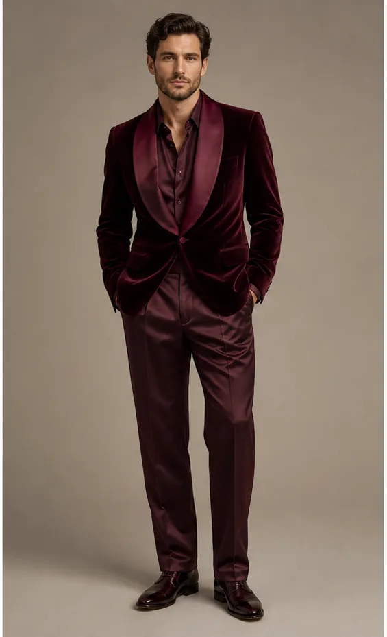 Garment to photograph: deep burgundy evening ensemble with a velvet blazer and satin trousers