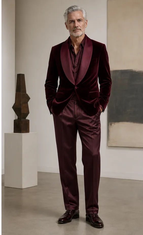On-model product photo of deep burgundy evening ensemble with a velvet blazer and satin trousers