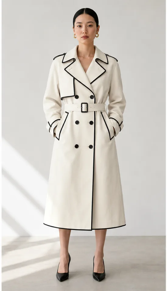 Garment to photograph: ivory architectural trench coat with crisp black piping