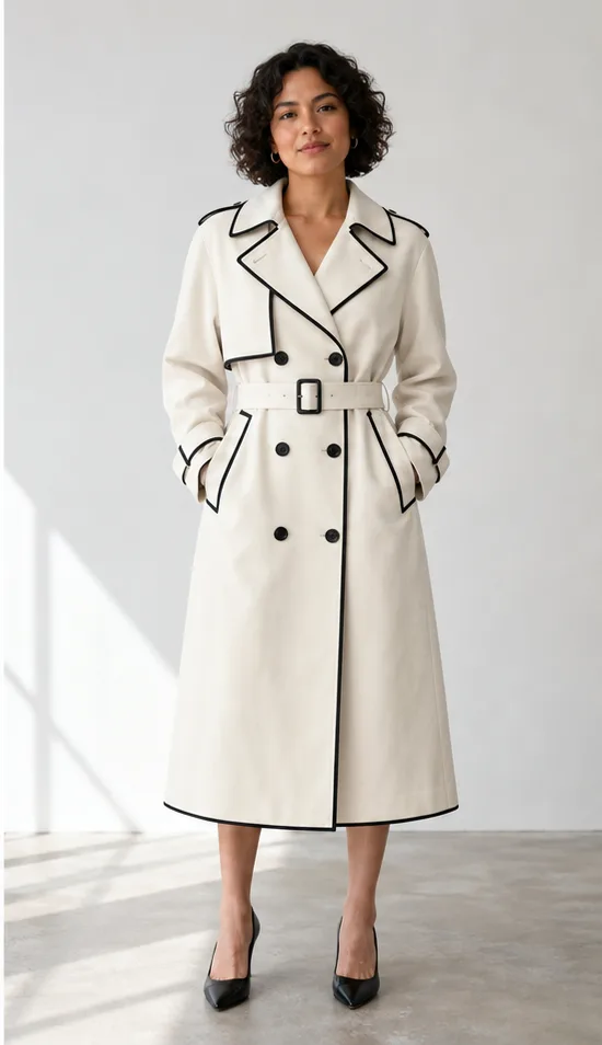 On-model product photo of ivory architectural trench coat with crisp black piping