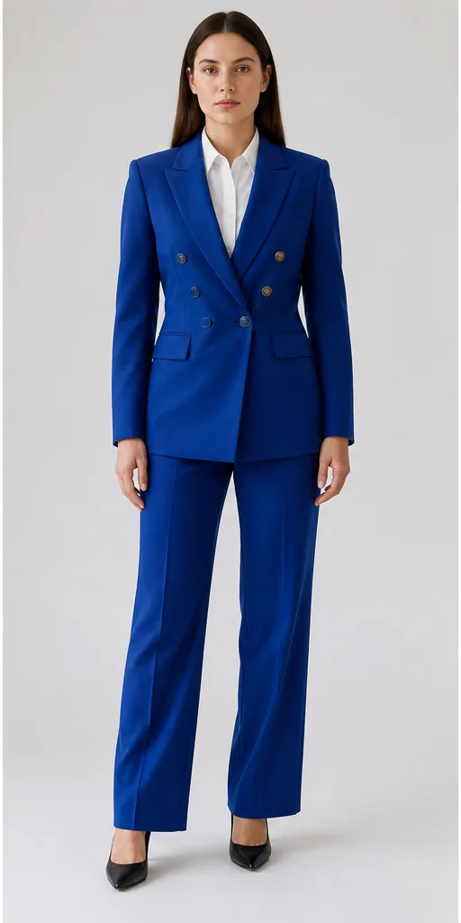 Garment to photograph: cobalt tailored double-breasted suit with a clean white shirt