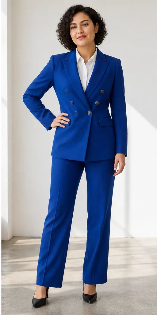 On-model product photo of cobalt tailored double-breasted suit with a clean white shirt