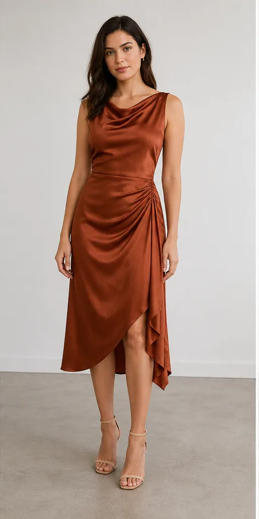 Garment to photograph: rust silk midi dress with asymmetric draping and subtle sheen
