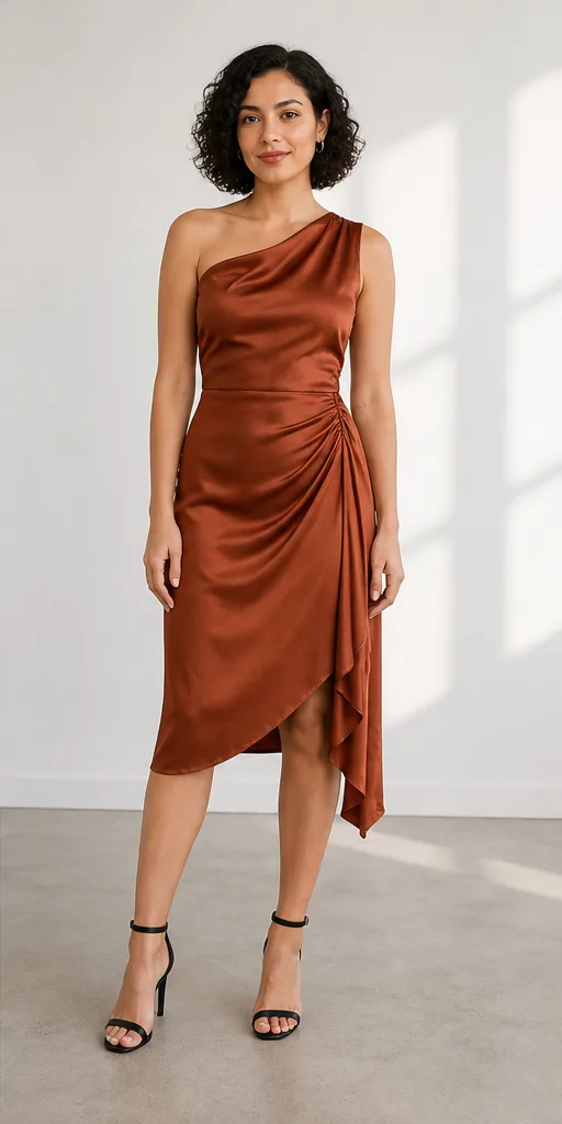 On-model product photo of rust silk midi dress with asymmetric draping and subtle sheen