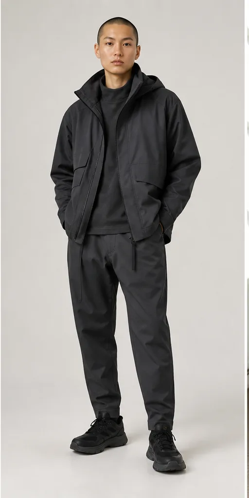 Garment to photograph: charcoal technical streetwear set with a layered jacket and tapered trousers