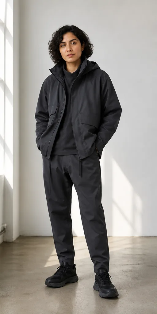On-model product photo of charcoal technical streetwear set with a layered jacket and tapered trousers