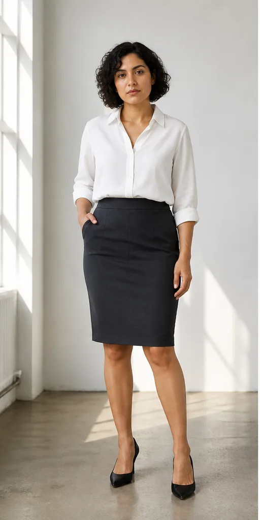 On-model base shot: an adult Latino woman in a white blouse and dark skirt in a daylight studio