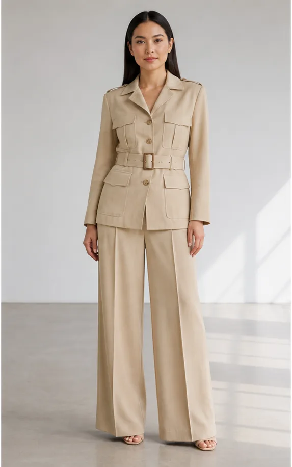 Garment to photograph: sand safari jacket with matching pleated wide-leg trousers
