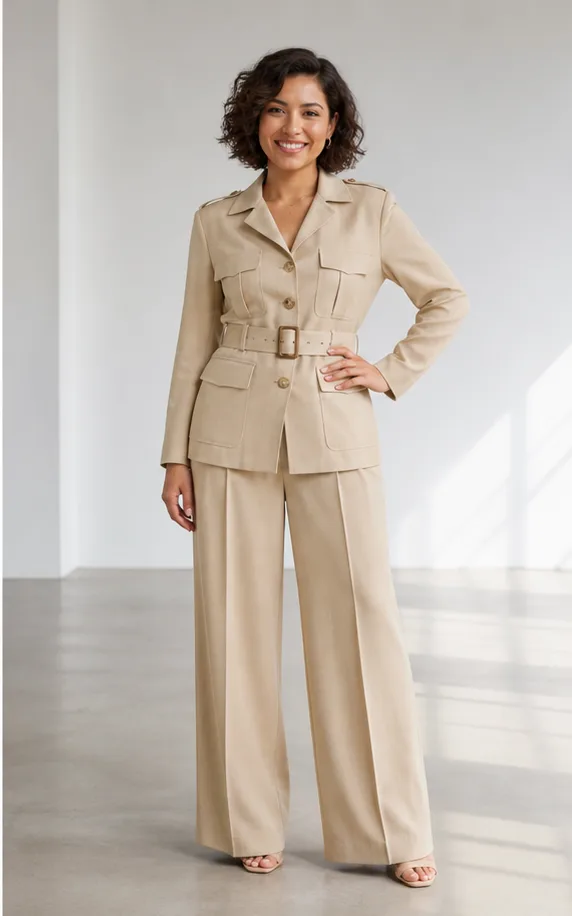 On-model product photo of sand safari jacket with matching pleated wide-leg trousers