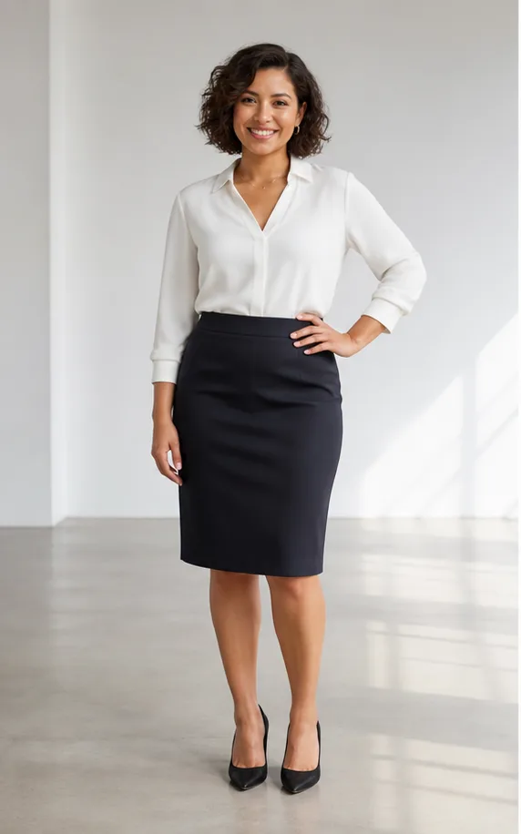On-model base shot: an adult Latino woman in a white blouse and dark skirt in a daylight studio