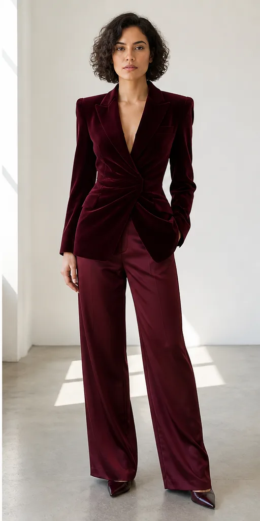 On-model product photo of deep burgundy evening ensemble with a velvet blazer and satin trousers
