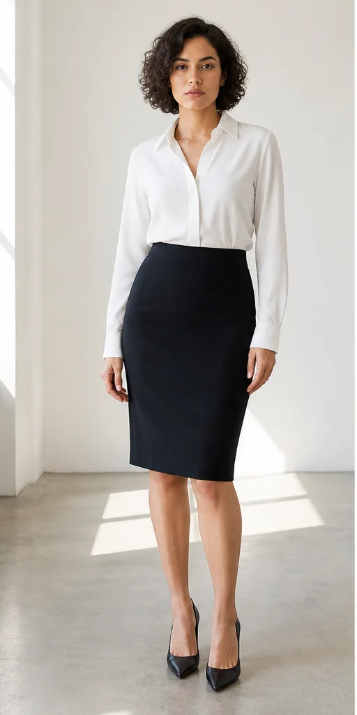On-model base shot: an adult Latino woman in a white blouse and dark skirt in a daylight studio